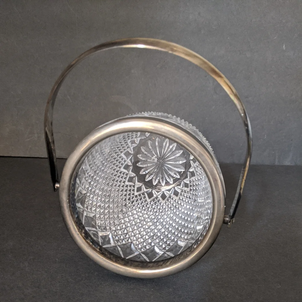 Vintage Cut Glass Diamond Point Crystal Ice Bucket Silver Plate Rim Handle